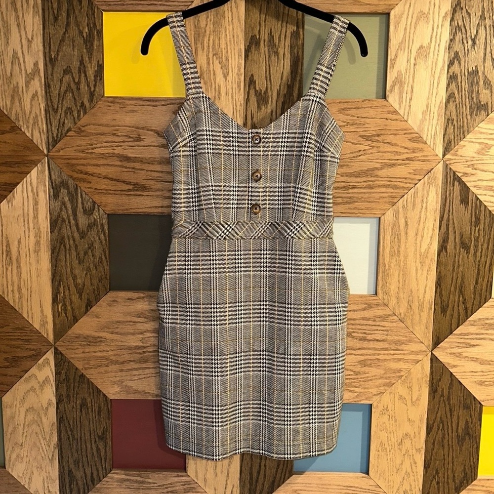 NWOT Abercrombie & Fitch Dress Tan Houndstooth Plaid Sleeveless Mini Sz S - Picture 2 of 8